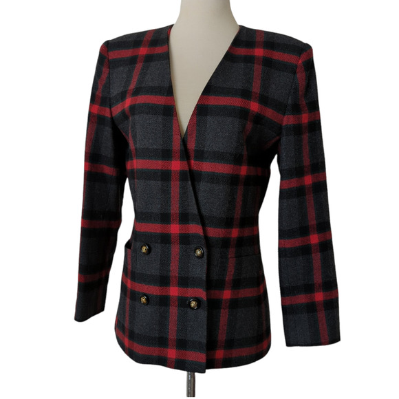 Vintage Jackets & Blazers - Vintage Womens Blazer Jacket Red Gray Le Suit Coat Size 6 90s Windowpane Plaid